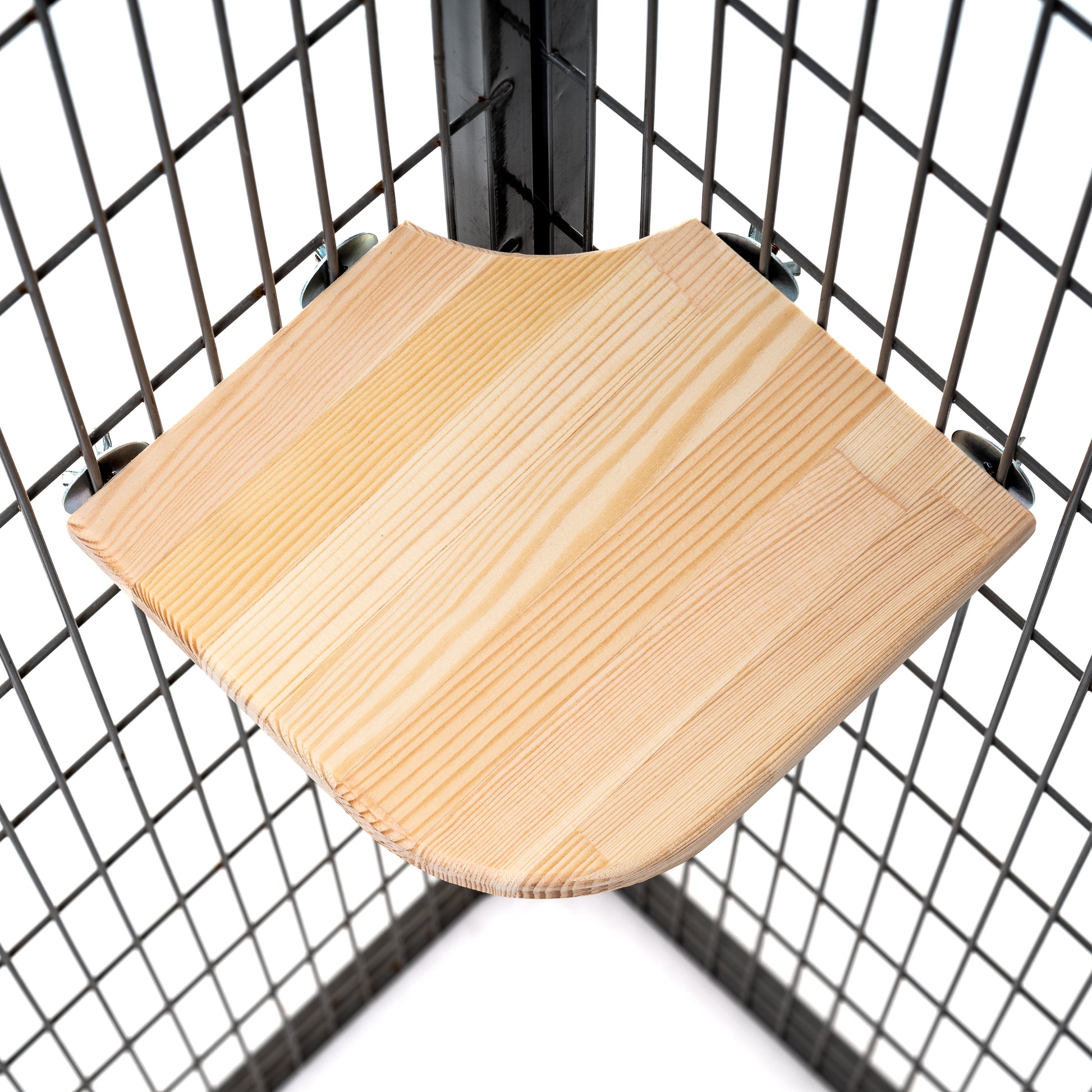 Close-up of natural kiln-dried pine shelf with smooth finish and metal mounting hardware